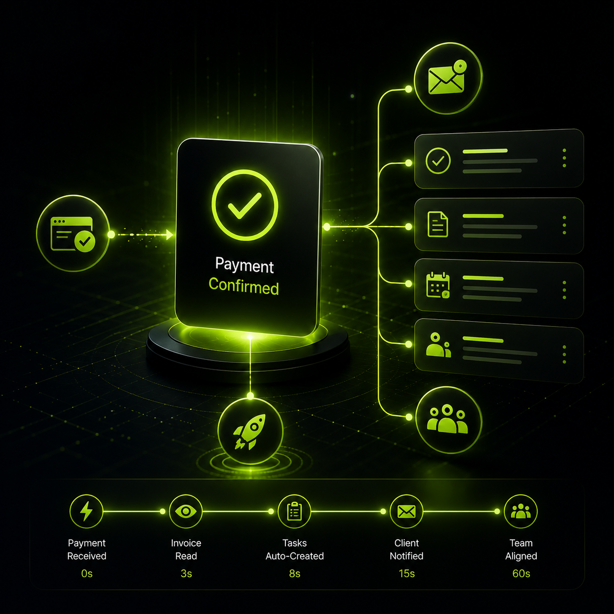 Payment automation workflow after payment showing tasks, client communication, and execution - NexterPay